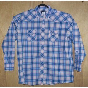 Wrangler Mens Western Pink/Blue Long Sleeve Pearl Snap Plaid Shirt Size XXL